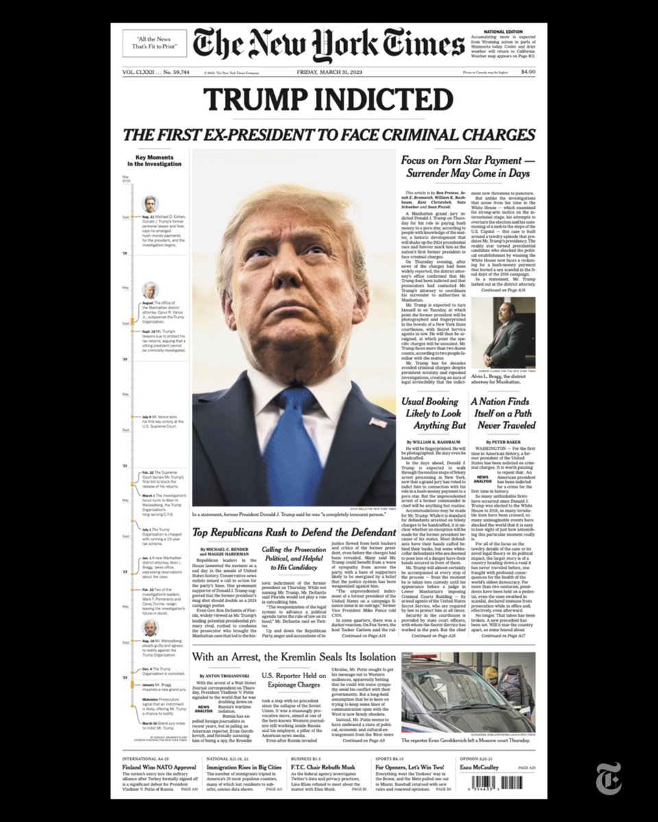 The front page of The New York Times for March 31, 2023.

Follow our updates on the indictment of Donald Trump.
nyti.ms/3KmpTHA