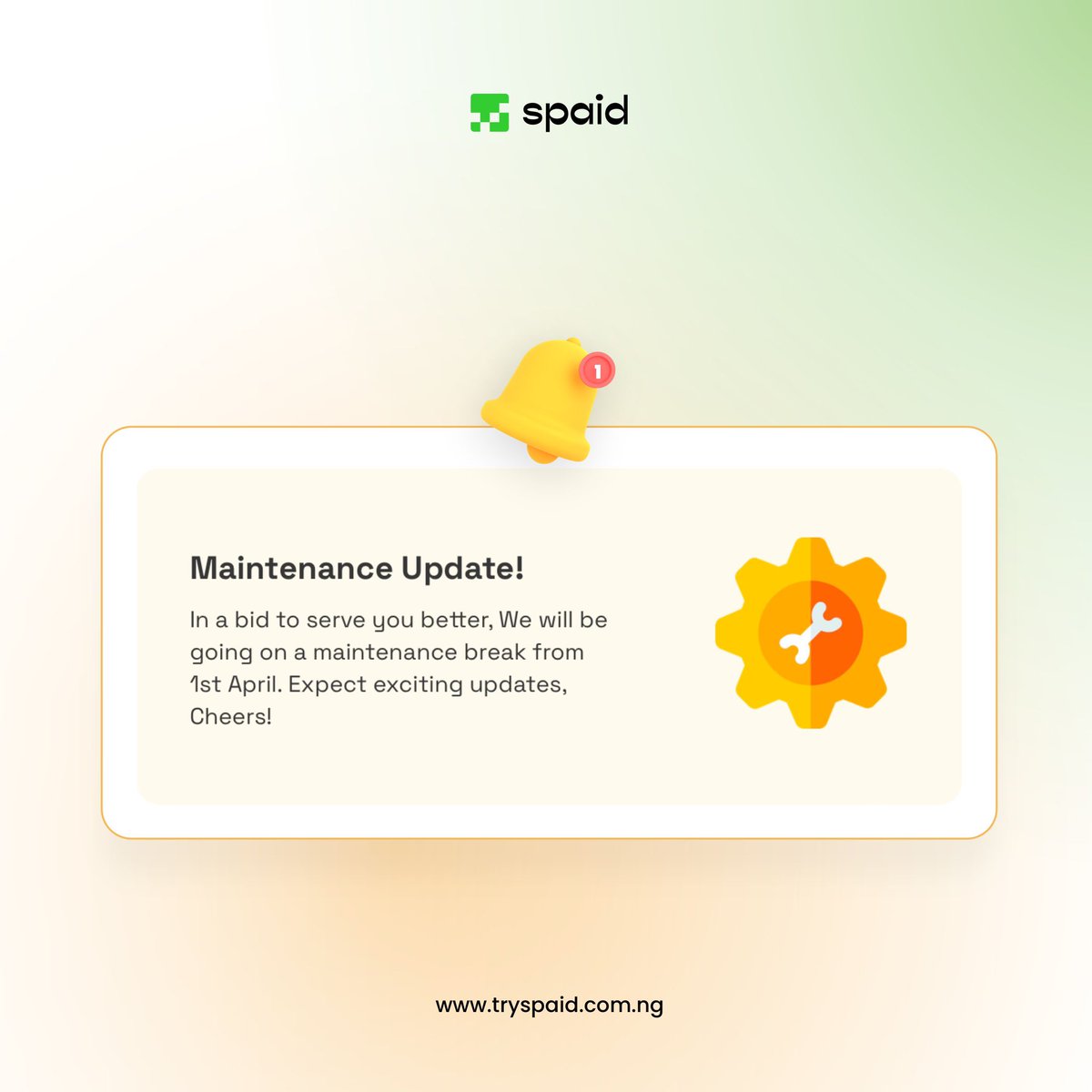 trySpaid's tweet photo. Maintenance Update! ⚙️

In a bid to serve you better, We will be going on a maintenance break from 1st April. Expect exciting updates, Cheers! https://t.co/bdoYZbIoFw