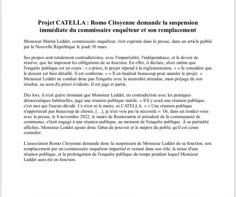 Projet #CATELLA : Romo Citoyenne demande la suspension immédiate du commissaire enquêteur et son remplacement
#Romorantin #Loiretcher #Enquetepublique #Sologne