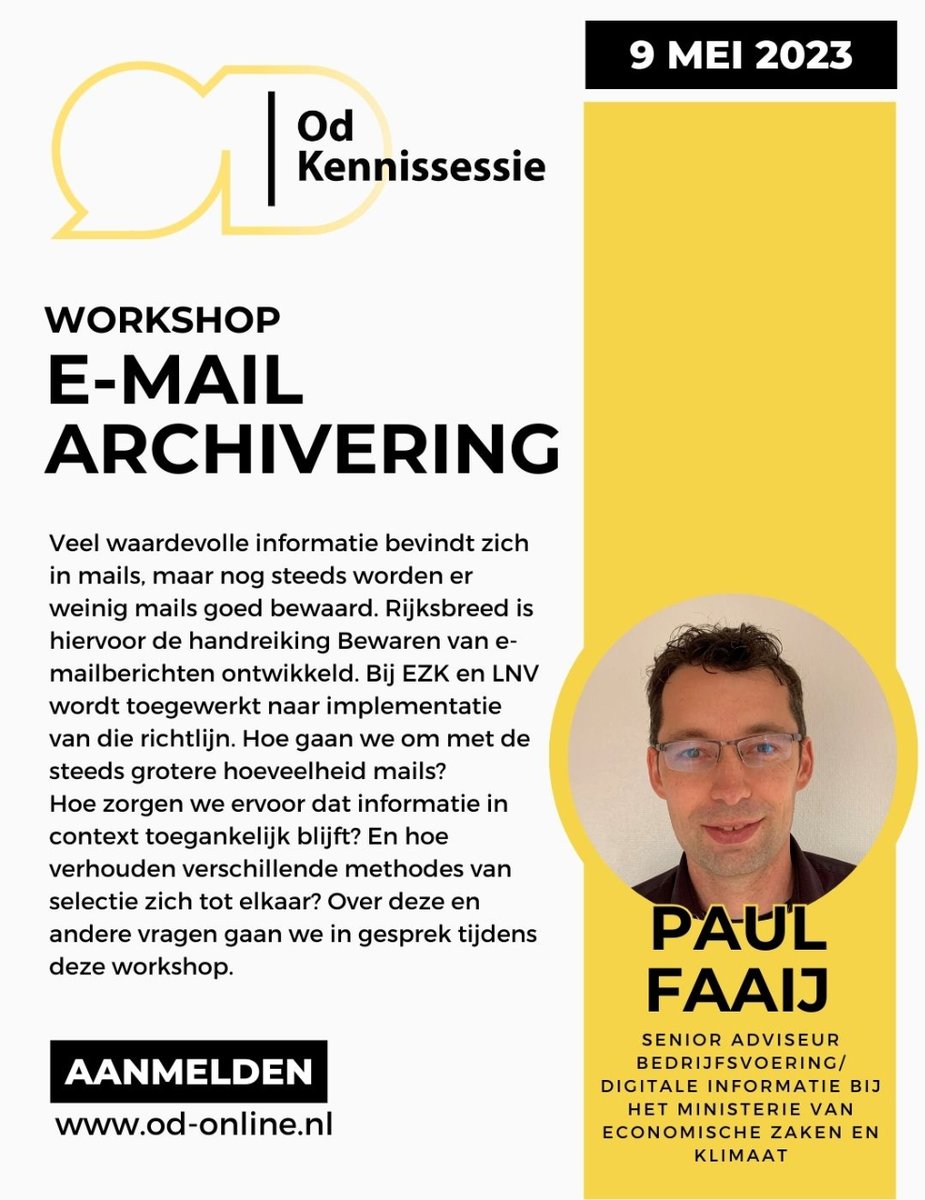 Od_online's tweet photo. Hoe kunnen we omgaan met de toenemende hoeveelheid e-mails? Op de Od Kennissessie op 9 mei 2023 zullen we tijdens de #workshop e-mailarchivering deze en andere vragen bespreken.
Aanmelden: https://t.co/PwUPxb2nR1
#odkennissessie | #informatieprofessional " #informatiemanager https://t.co/6qxq3dN8PB