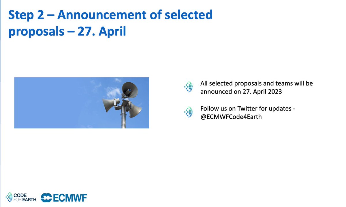 A big THANKS to all of you who submitted a #Code4Earth proposal

📣 Stay tuned ‼️
The selected teams &amp; projects will be announced on 27 April 2023 

You can subscribe to our newsletter to get all updates➡️codeforearth.ecmwf.int

<a href="/ECMWF/">ECMWF</a>
<a href="/CopernicusECMWF/">Copernicus ECMWF</a>