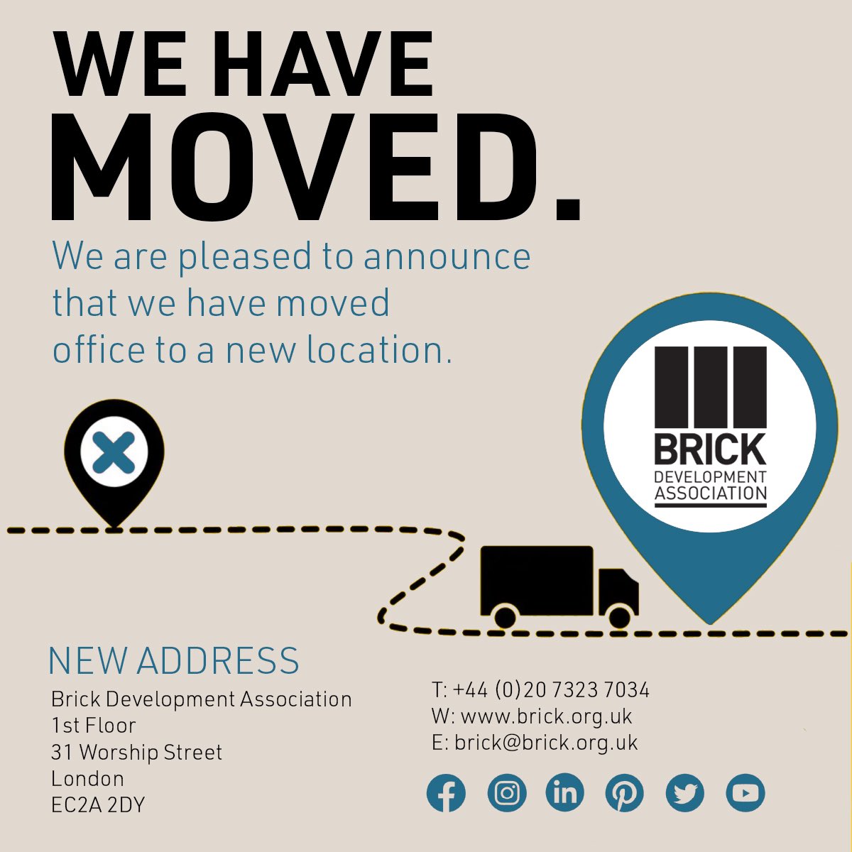BricksUK's tweet photo. Exciting news, we have moved office! 
We are thrilled to share that the BDA has moved to a new location: 
Brick Development Accommodation
31 Worship Street
London
EC2A 2DY

Our phone and emails remain the same, we look forward to seeing you soon!

#officemove #brickdevelopment https://t.co/OmRzXOjMj2