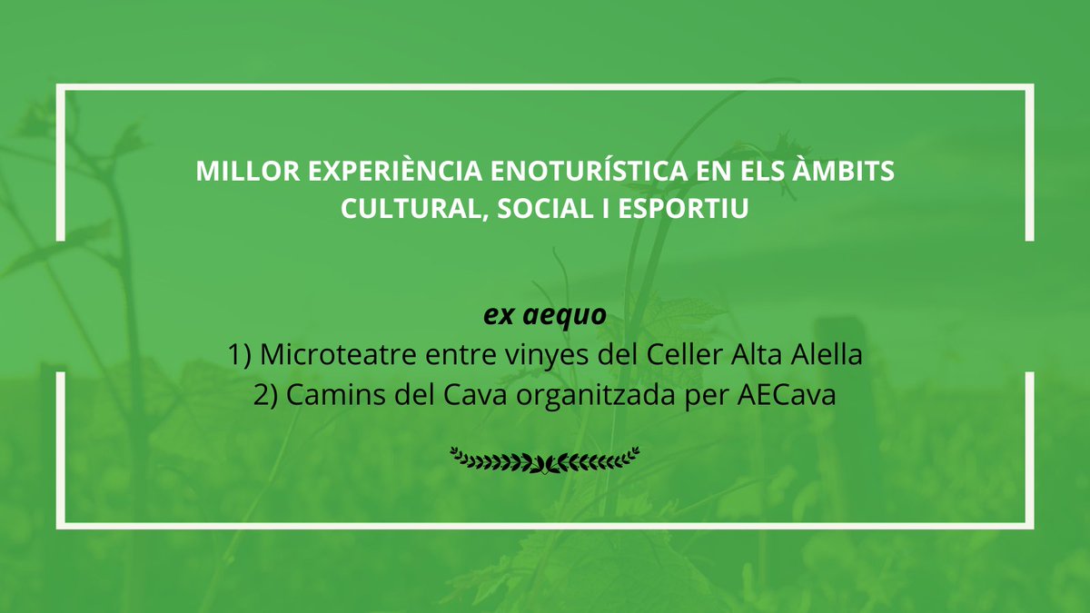 Premis Vinari (@premisvinari) on Twitter photo 🏆 PREMI VINARI a la Millor Experiència Enoturística dins dels àmbits Cultural, Social i Esportiu (ex aequo):
➛ Microteatre entre vinyes del Celler <a href="/ALTAALELLA/">Alta Alella • Celler de les Aus</a>
➛ Camins del Cava organitzada per <a href="/aecava/">AECAVA</a>
#VinariEnoturisme23 🏆 PREMI VINARI a la Millor Experiència Enoturística dins dels àmbits Cultural, Social i Esportiu (ex aequo):
➛ Microteatre entre vinyes del Celler <a href="/ALTAALELLA/">Alta Alella • Celler de les Aus</a>
➛ Camins del Cava organitzada per <a href="/aecava/">AECAVA</a>
#VinariEnoturisme23