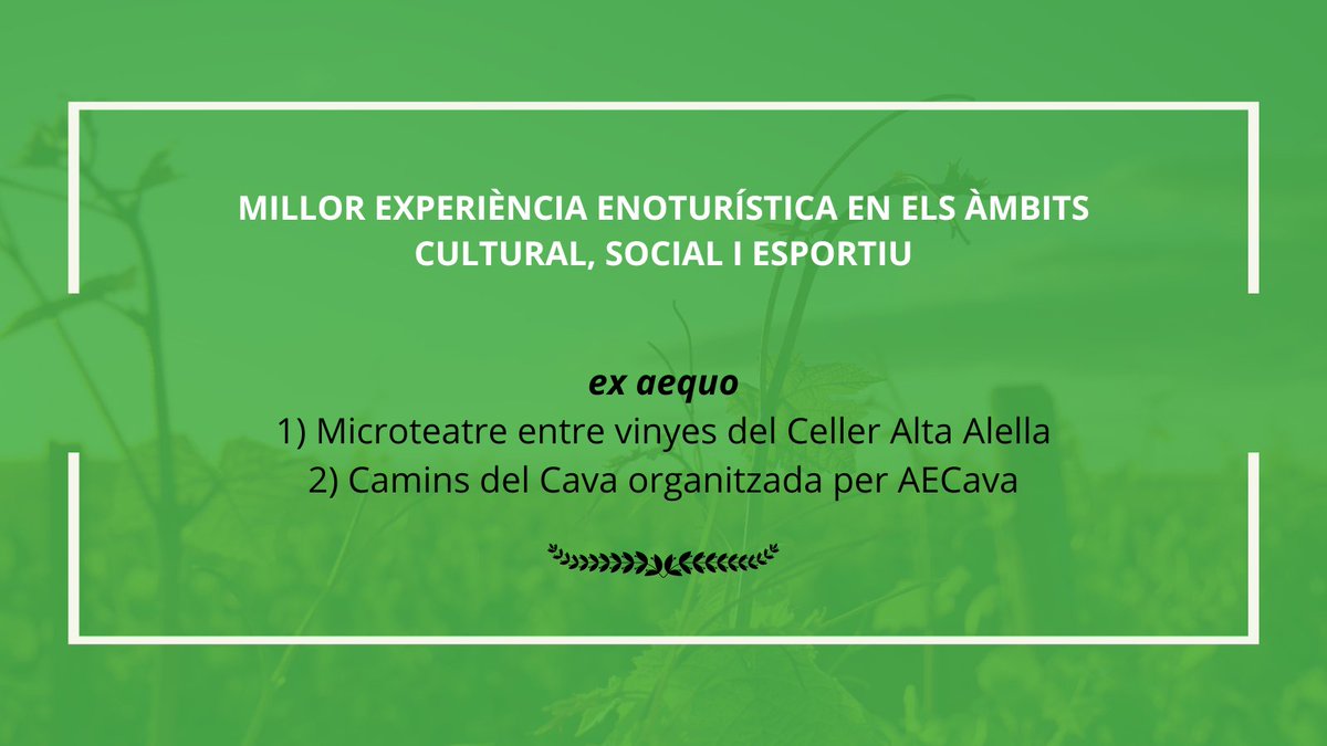 🏆 PREMI VINARI a la Millor Experiència Enoturística dins dels àmbits Cultural, Social i Esportiu (ex aequo): ➛ Microteatre entre vinyes del Celler @ALTAALELLA ➛ Camins del Cava organitzada per @aecava #VinariEnoturisme23