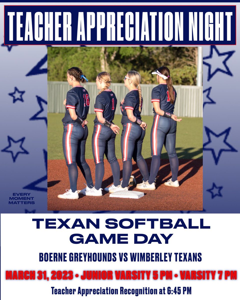 GAME DAY!!!! Come out to the Ballyard tonight as the Texan Softball teams take on the Boerne Lady Greyhounds. Tonight, we will also recognize our favorite educators for Teacher Appreciation Night. 
TEXAN PRIDE!!
TEXAN SOFTBALL… Every Moment Matters