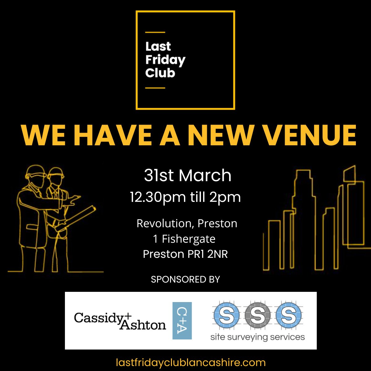 Get yourself down to Revolution, Preston today for Last Friday Club.
See you there! This month's sponsors are looking forward to welcoming you. 
<a href="/Cassidy_Ashton/">Cassidy + Ashton</a> and Site Surveying Services.