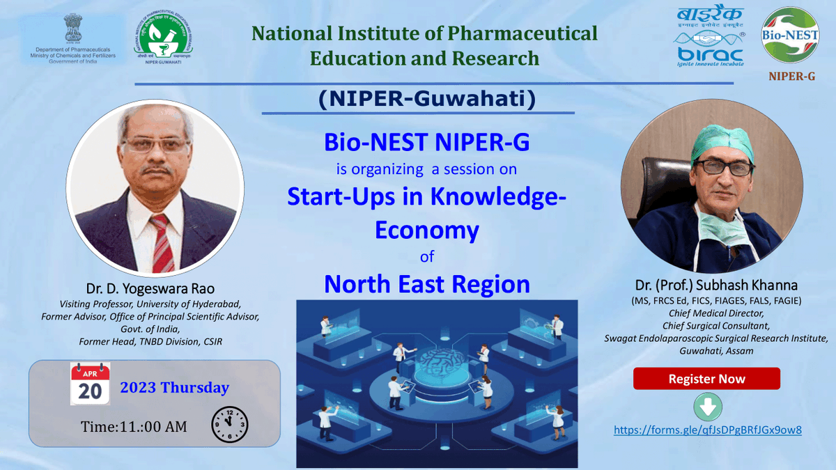 BioNEST Incubation Centre, NIPER Guwahati, India (@bionestniper) on Twitter photo Bio-NEST NIPER Guwahati is organizing a session on "Start-Ups in Knowledge-Economy of North East Region of India" dated 20th April 2023 at NIPER Guwahati in Physical mode.
Please do register by clicking the following link:
lnkd.in/dyeaMDnu
<a href="/GuwahatiNiper/">NIPER Guwahati</a> Bio-NEST NIPER Guwahati is organizing a session on "Start-Ups in Knowledge-Economy of North East Region of India" dated 20th April 2023 at NIPER Guwahati in Physical mode.
Please do register by clicking the following link:
lnkd.in/dyeaMDnu
<a href="/GuwahatiNiper/">NIPER Guwahati</a>