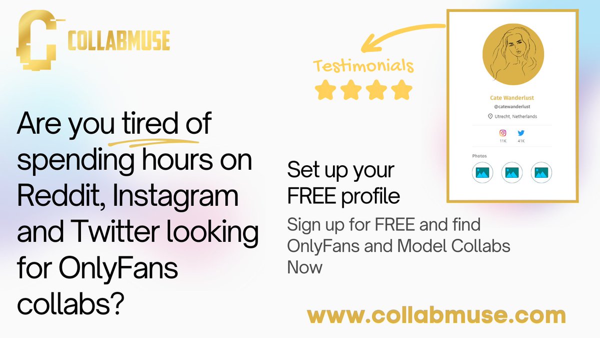 CollabMuse's tweet image. Our mission is simple: we want you to stop spending hours searching through social media trying to find someone who’ll collaborate with you on your OnlyFans account. 

Come and set up your FREE account collabmuse.com

#CollabMuse #ContentCreator #Collab #onlyfanscollab