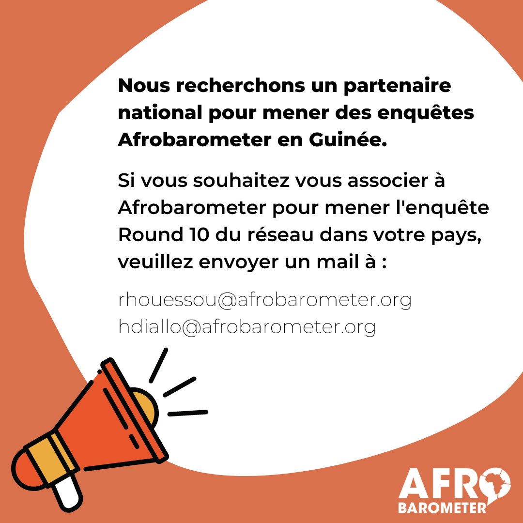 Avis d’appel d’offres pour le recrutement d’un Partenaire National d’Afrobarometer en Guinée pour la réalisation du Round 10 des enquêtes Afrobarometer :  bit.ly/3JSyMar

#Guinee #Sondage