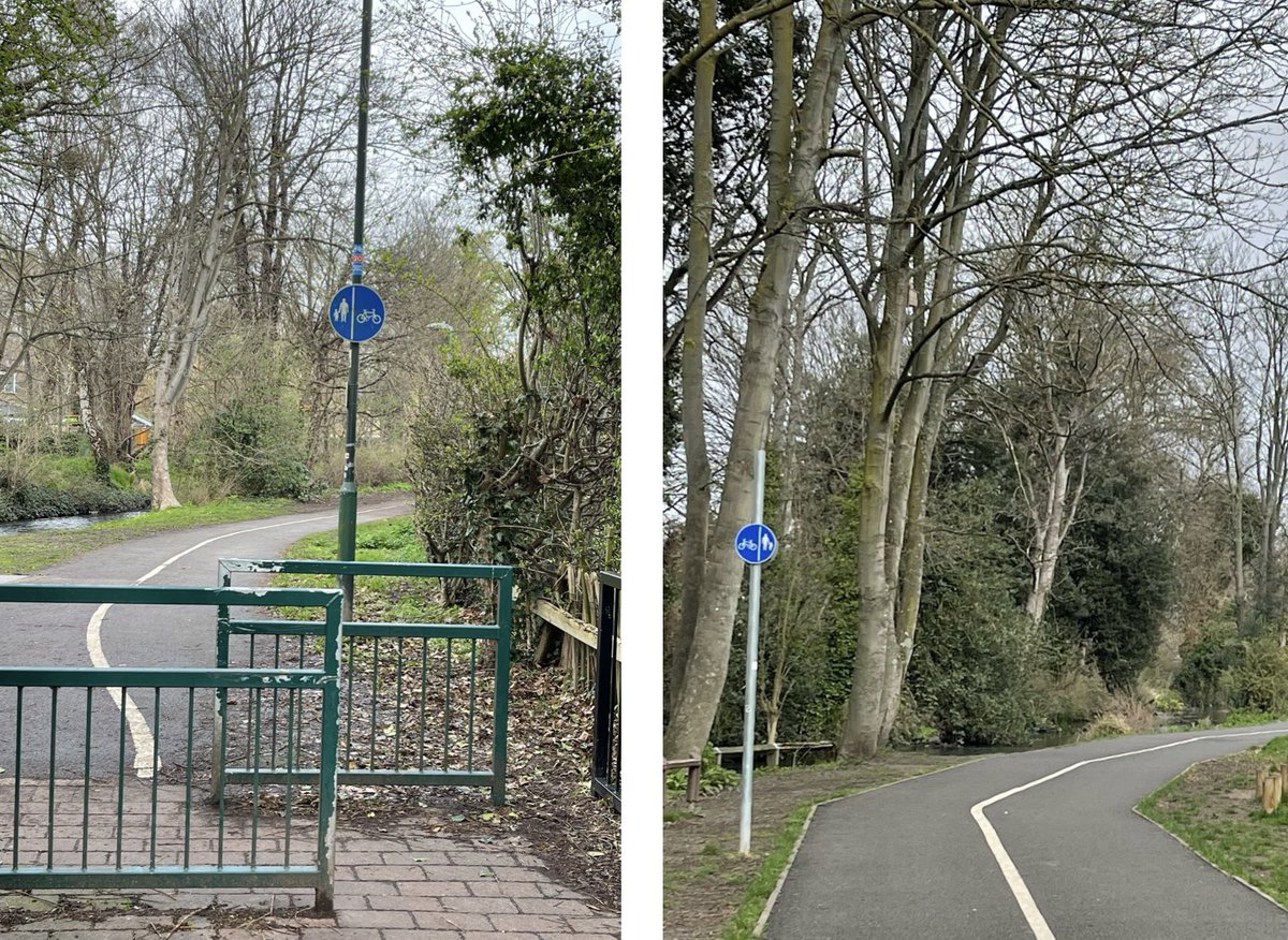 Confusion along the Wandle Trail as pedestrians & cyclists have to swap lanes after crossing Culvers Avenue! There needs to be a design pallet for improvements to avoid simple errors #wandletrail #Hackbridge