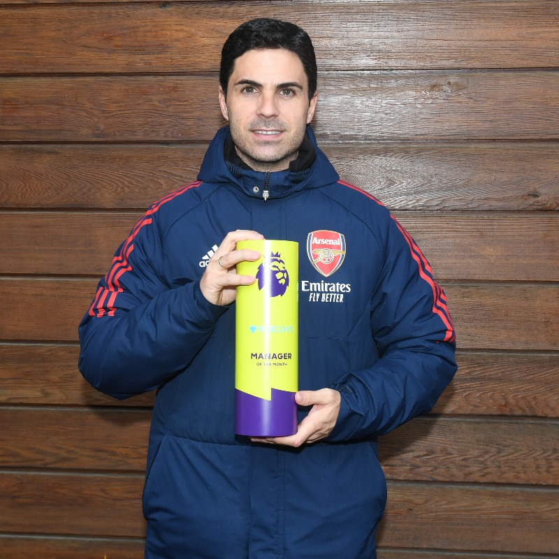 Arsenal's tweet photo. Four matches. Four wins. Fourteen goals. ✅

@PremierLeague Manager of the Month for March 🏅

Big congratulations to Mikel and his staff ❤️