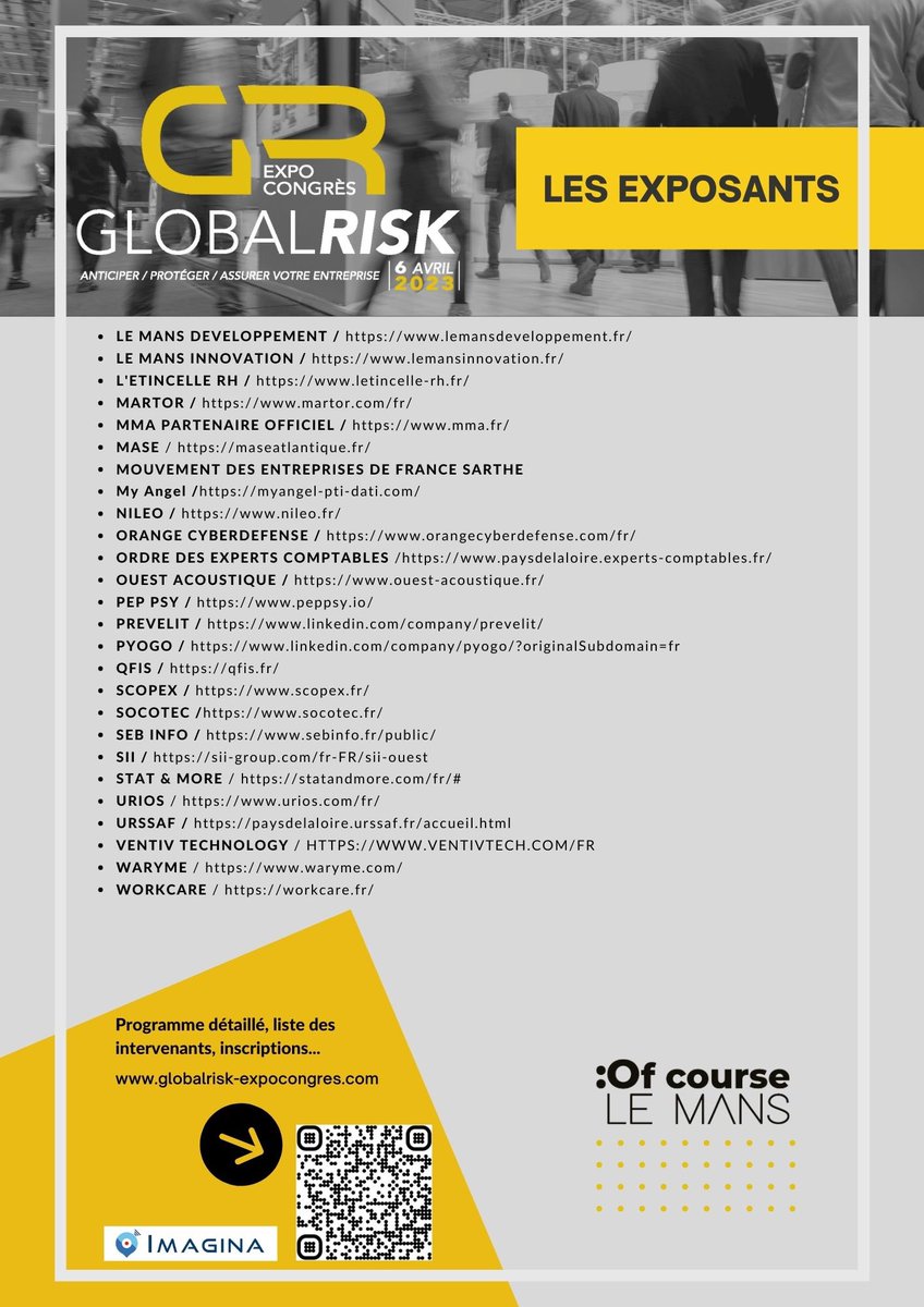 Ce 6 avril retrouvez la 1ère édition de Global Risk Expo Congrès au Centre des Expositions #LeMans 
+ de 50 exposants apporteurs de solutions face aux risques en entreprises seront présents. Venez les rencontrer ! Infos www.globalrisk-expo congres.com entrée gratuite