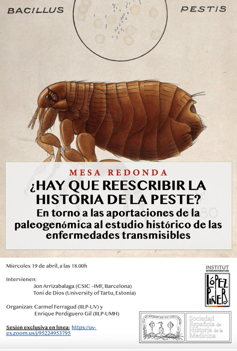 Mesa redonda: ¿Hay que reescribir la historia de la peste?: en torno a las aportaciones de la paleogenómica al estudio histórico de las enfermedades transmisibles".
Sesión exclusiva en línea: URL para unirse: uv-es.zoom.us/j/95224953795