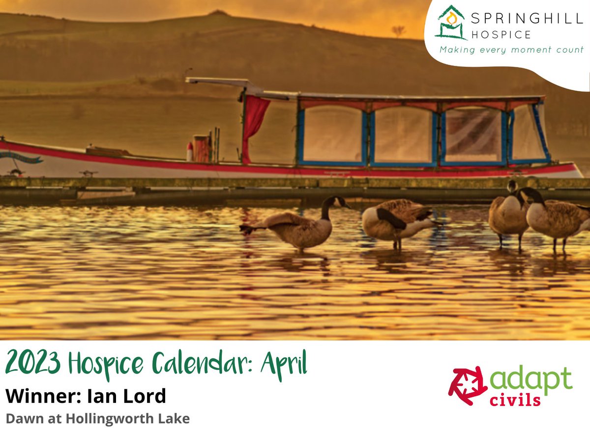 Happy April! 🦢 Dawn at Hollingworth Lake by Ian Lord won the cover for March in our 2023 Hospice Calendar. 🌅 Thank you to Adapt Civils for sponsoring this month. 💚