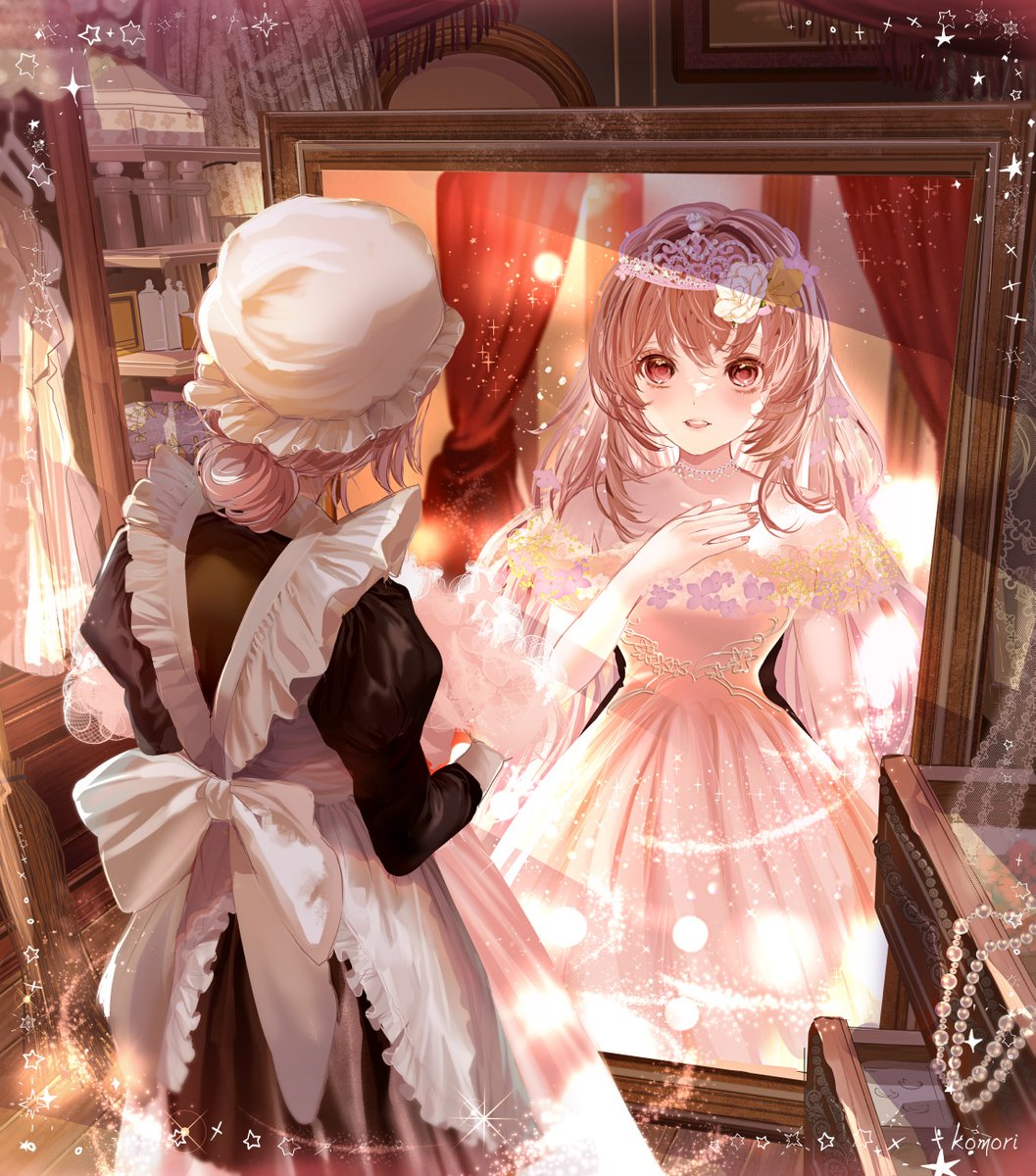 dress mirror maid apron pink hair long hair reflection  illustration images