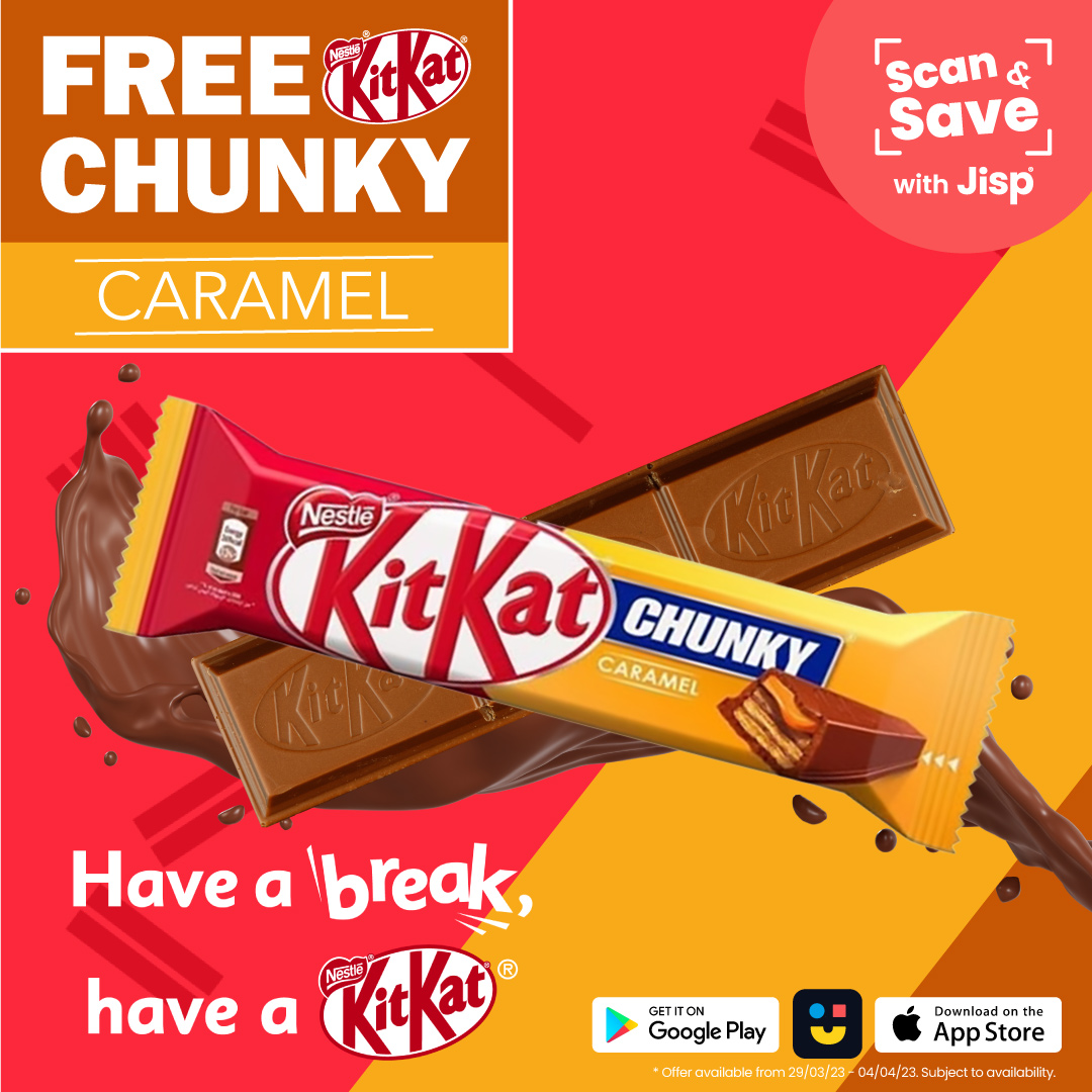 NisaSalisbury's tweet image. We have an extra special @jispapp promotion for you all that you can only get in our store! You can get a #FREE #KitKitChunky Caramel when you claim your voucher with #Jisp #ScanAndSave! This offer won't be around for long so don't miss out!