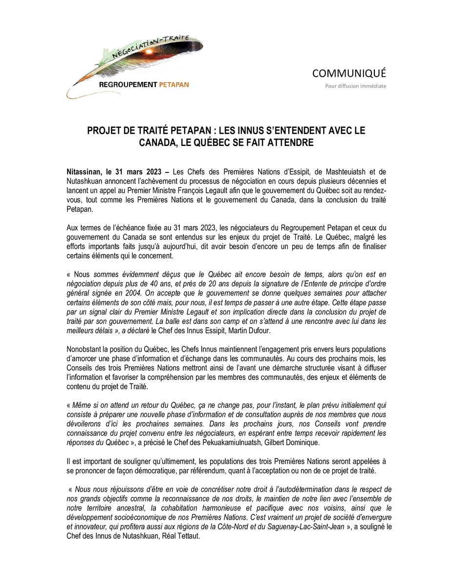 SEIZE03_fil's tweet photo. Communiqué - Projet de Traité Petapan: Les Innus s'entendent avec le Canada, le Québec se fait attendre
#polcan #polqc #Innus #premièresnations #autochtones #projetdetraité #traité #rencontre #politique #gouvernements https://t.co/6ikV3Wv6nE