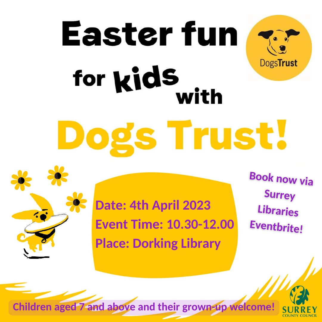 Give your family a treat and learn some new tricks by coming along to Dorking Library for a dog-focused, fun, and educational free workshop.

We still have some tickets left, make sure you book on Eventbrite: 
eventbrite.co.uk/e/easter-fun-f…