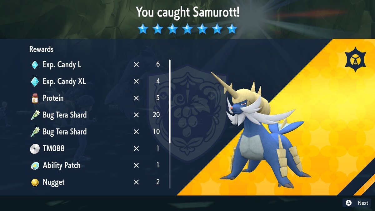 Tashster's tweet image. What are you doing feeling as tough as a horn like me Samurott? ^.^ #SamurottRaid #7StarRaid #PokemonViolet.