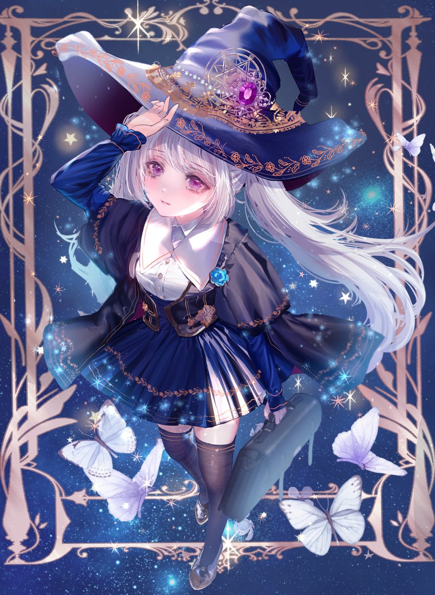 1girl hat solo butterfly thighhighs bug witch hat  illustration images