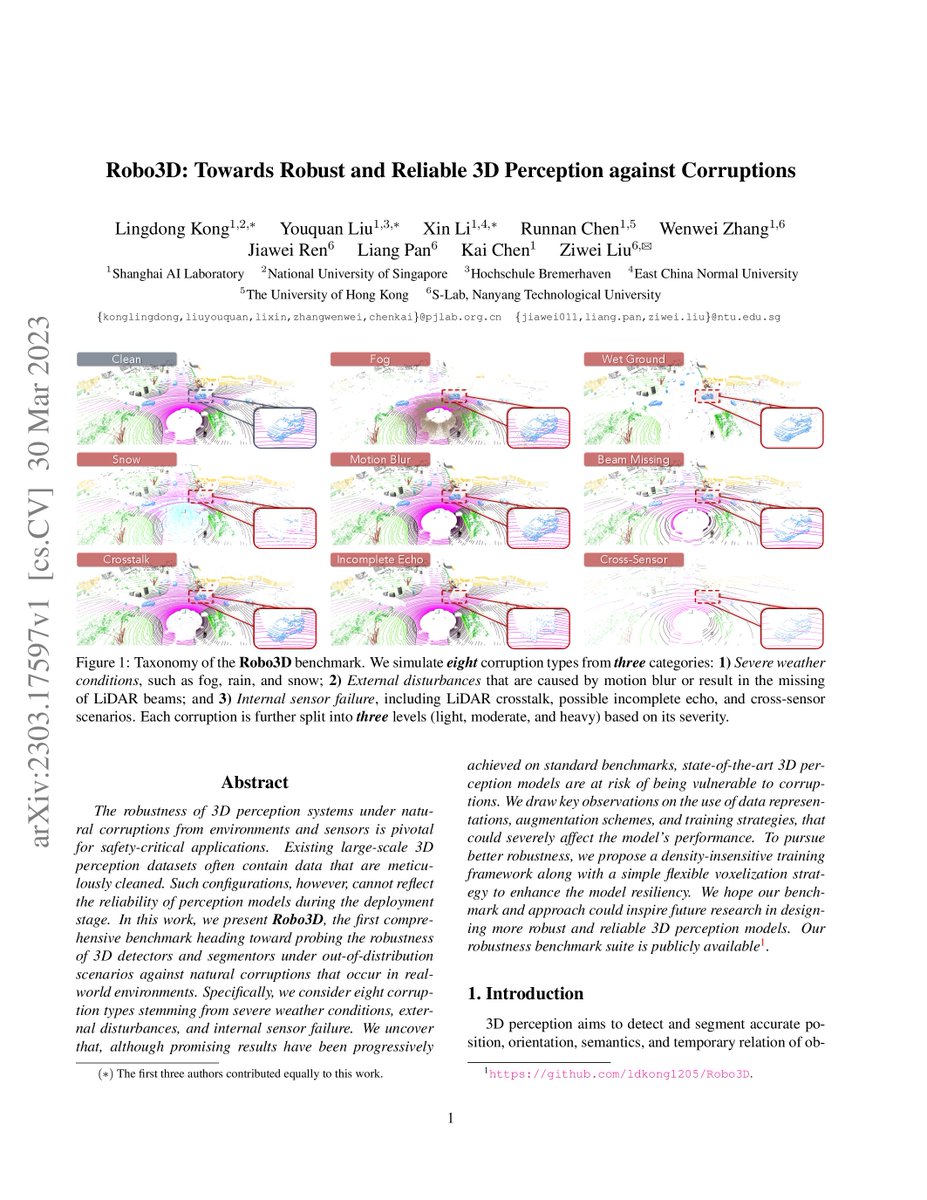 Robo3D: Towards Robust and Reliable 3D Perception against Corruptions
arxiv.org/abs/2303.17597…