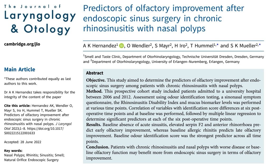 Happy to share our paper on predictors of olfactory improvement after endoscopic sinus surgery in patients with CRSwNP. Full text here: lnkd.in/erfxd8JD

#crs #nasalpolyps #smell #olfaction