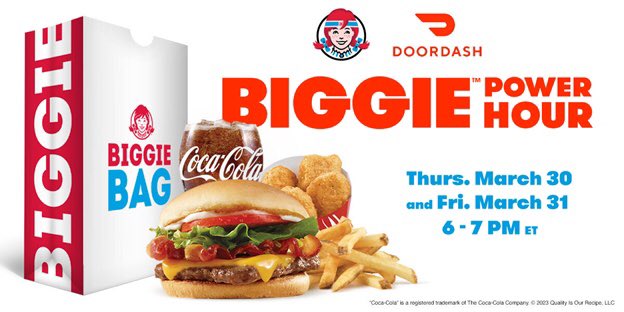 #BIGGIEPowerHour 

<a href="/Wendys/">Tendy’s</a> and <a href="/DoorDash/">DoorDash</a> team up for ‘BIGGIE’ POWER HOURS on March 30 and March 31st from 6-7pm. 

Yuummmmm! 🍔🍟 #ad #Wendys #DoorDash