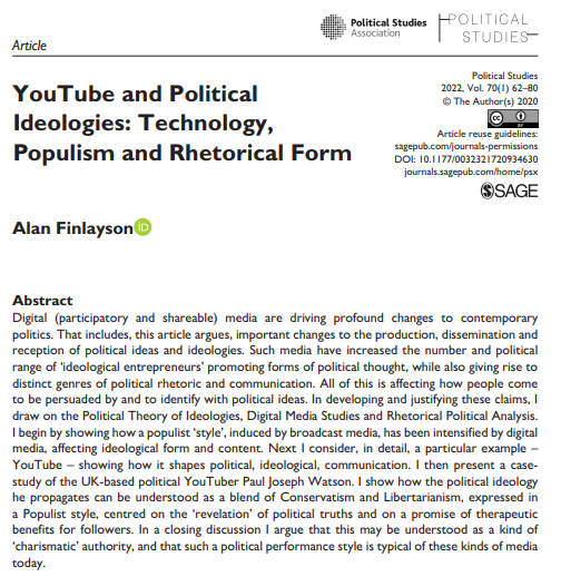 PolStudies's tweet photo. Congrats to our Harrison Prize 2022 winner: 'YouTube and Political Ideologies: Technology, Populism and Rhetorical Form' by @ProfAFinlayson
Read OPEN ACCESS: https://t.co/kBd474WOBF
@PolStudiesAssoc @SAGECQPolitics #polsci #populism #digitalmedial #socialmedia #rhetoric https://t.co/p3dEsiX6eW