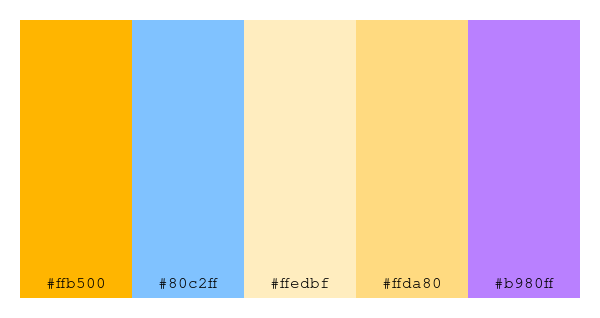 ColPaletteBot's tweet photo. Beep beep, here's a pretty color palette for you!
color-scheme.js parameters used:
- hue: 77
- variation: default
- colors: #ffb500, #80c2ff, #ffedbf, #ffda80, #b980ff
Have a lovely day!
#twitterbot #colorpalette #colors #palette #prettycolors https://t.co/RMUXeW1UCM