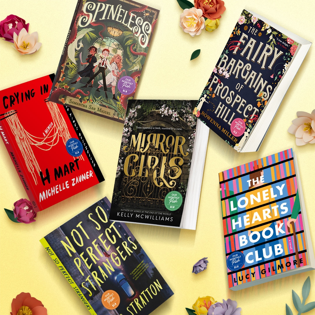 April #BNMonthlyPicks

Thriller: Not So Perfect Strangers <a href="/ellisromance/">L.S. Stratton/Shelly Ellis (just call me Shelly)</a>
Spec Fic: The Fairy Bargains of Prospect Hill <a href="/RowennaM/">Rowenna Miller is Probably Not Here</a>
Fic: The Lonely Hearts Book Club @Words_by_Lucy
Non-Fic: Crying in H Mart <a href="/Jbrekkie/">Japanese Breakfast</a>
YA: Mirror Girls #KellyMcWilliams
YR: Spineless #SamanthaSanMiguel