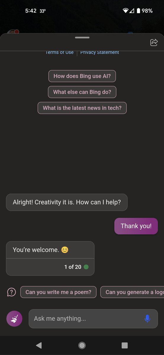 SavedByDave's tweet photo. @theMagdalenRose TiL Bing AI uses emoji. https://t.co/Aes5wMkyOy