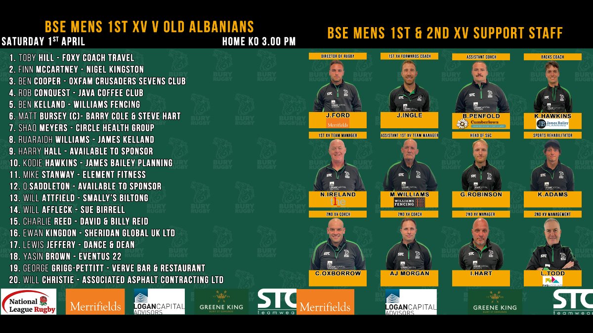 BSERugby's tweet photo. TEAM ANNOUNCEMENT

Men's 1st XV 🆚 Old Albanians
📅 Saturday 1st April
🕒 3.00 pm KO
📍 Greene King IPA Haberden
Sponsored by @MorrishCENG
@Natleague_rugby 

#Nat2E #Rugby #CommunityFirst #OneClub #morethanjustarugbyclub #BSERugby https://t.co/JLiW5XcpvH