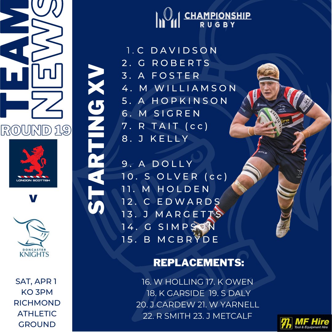 DoncasterKnight's tweet photo. 𝗧𝗘𝗔𝗠 𝗡𝗘𝗪𝗦 📝

3️⃣ Changes to the starting line-up
1️⃣ First league start for a DK Academy player
🆚 London Scottish
📅 Sat, Apr 1
📍 Richmond Athletic Ground
⏰ KO 3pm

➡️ https://t.co/X1TfrkexrI https://t.co/nEUpKuIdVc