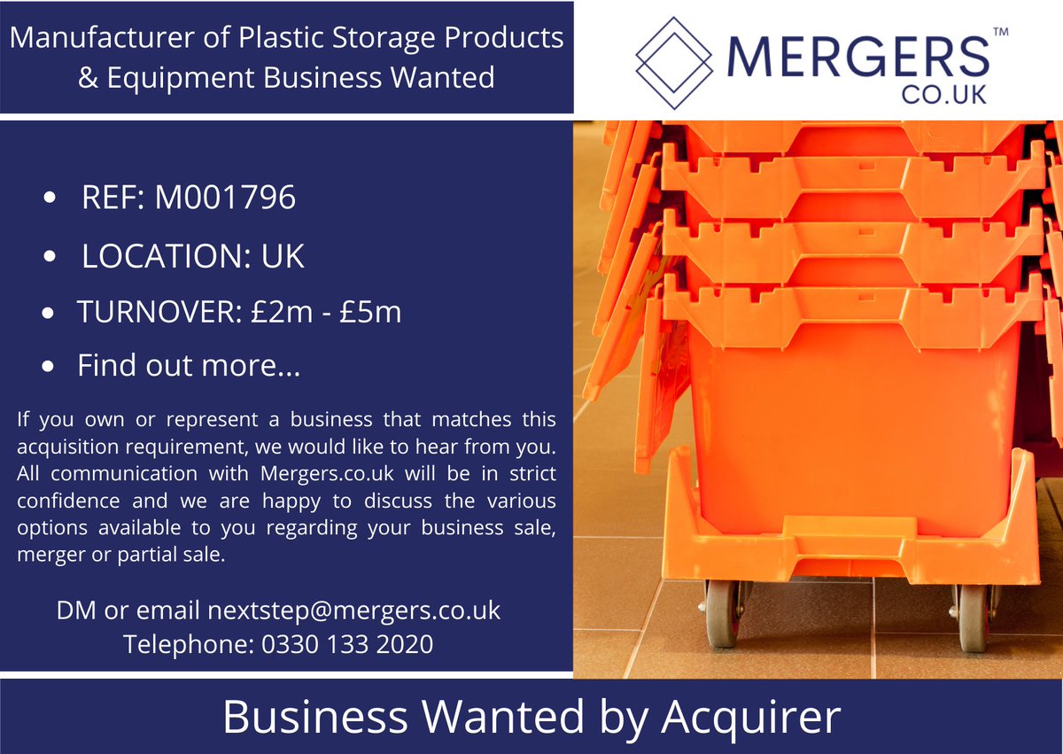 mergers_uk's tweet image. Business Wanted by Acquirer: 
Manufacturer of Plastic Storage Products &amp;amp; Equipment
 
All communication will be in the strictest confidence. 
 
More information: buff.ly/3oktj2O 
 
#manufacturer #plasticstorage #products #equipment #plastics  #businesswanted