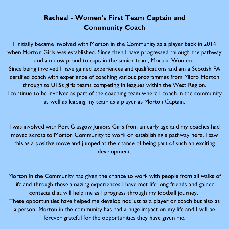 MortonCommunity's tweet photo. 𝟏 𝐃𝐚𝐲🎂 #Mor10

Meet Rachael - Women's First Team Captain and Community Coach.

Rachael tells us about the pathway Morton in the Community has given her and how much it means to her💙

Thank you Rachael👏

Link to donate➡️ https://t.co/apesYoueKV

#MoreThanFootball https://t.co/ufl2ADUUpV