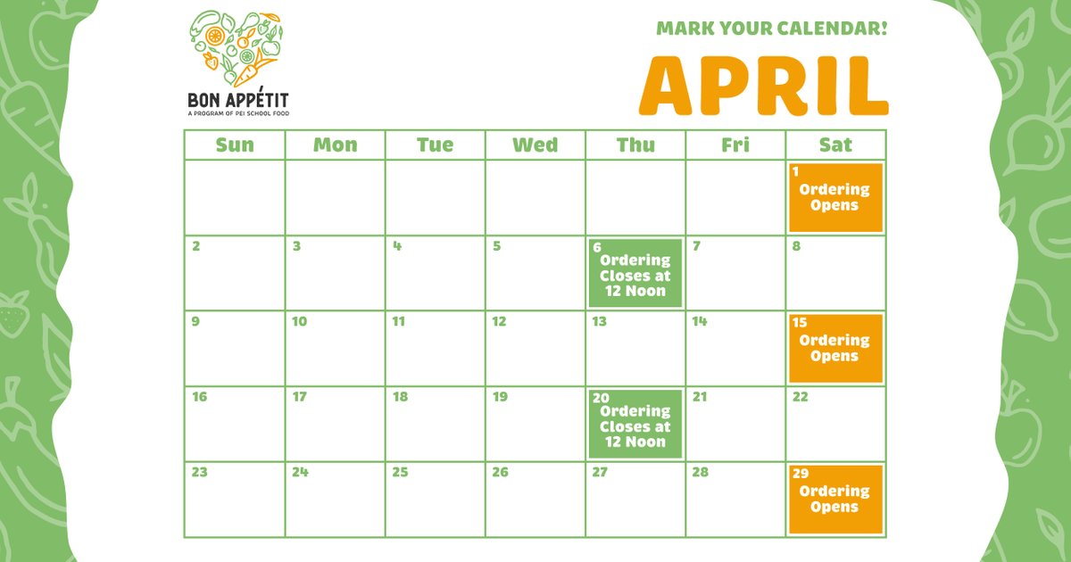 PEIschoolfood's tweet photo. Yay, tomorrow marks a new month!

Here is your April ordering calendar  🌷🐰🐣🍫

#PEI #PrinceEdwardIsland #PEISchoolFood #PEISchoolFoodProgram  #SchoolLunchProgram https://t.co/56fAHG39BG