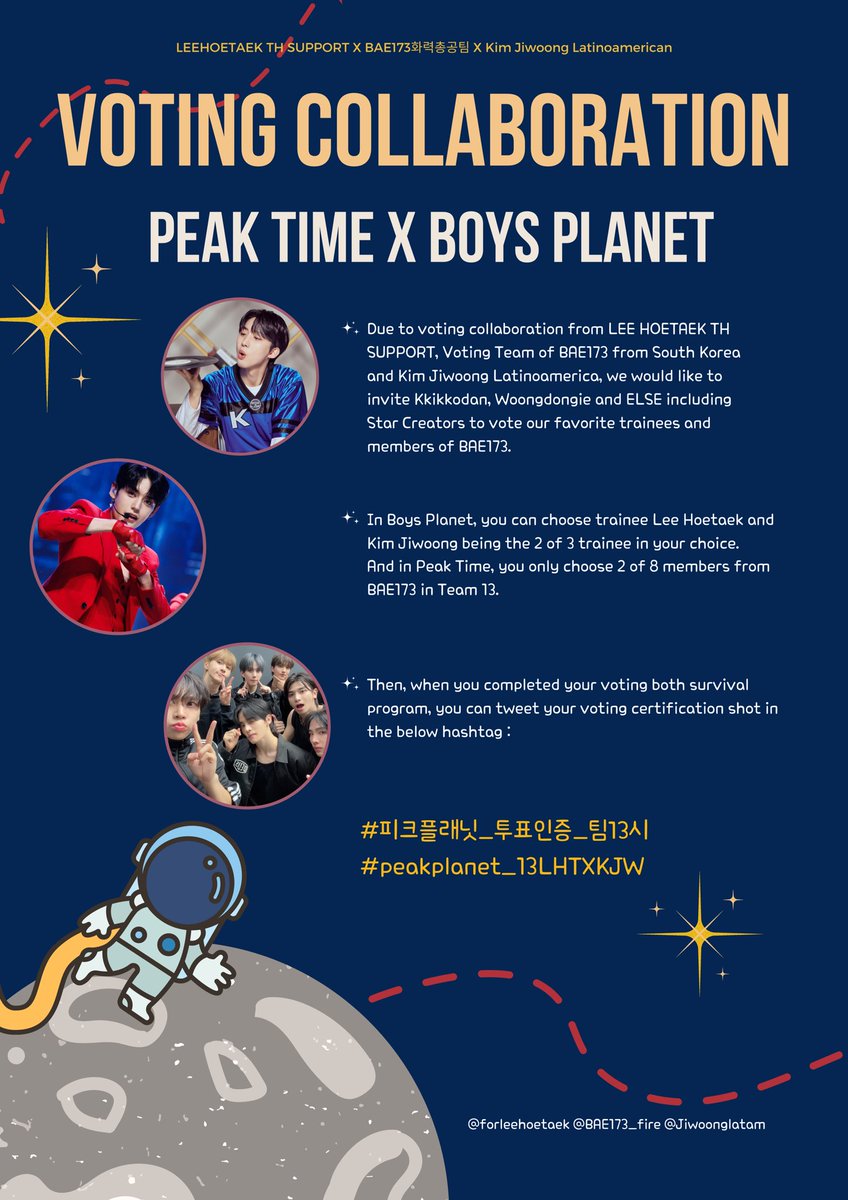 forleehoetaekth's tweet photo. 🔥2nd Voting Collaboration🗳️
🌻Peak Time x Boys Planet🌻

🗳️โหวตให้กับเมมเบอร์ในทีม 13 จำนวน 2 คนในรายการ Peak Time
🗳️โหวตให้เด็กฝึกอีฮเวแทกและคิมจีอุงเป็น 2 ใน 3 ของตัวเลือกเด็กฝึกของคุณ

สามารถส่งหลักฐานการโหวตมาอวดกันได้ที่ 
#피크플래닛_투표인증_팀13시 #peakplanet_13LHTXKJW https://t.co/jjcu4jov8x