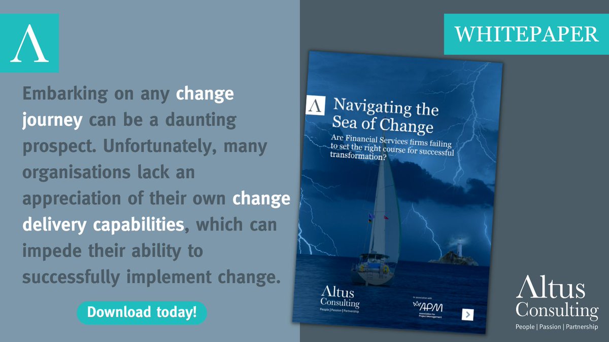 AltusCons's tweet image. We provide practical insights for organisations facing the mounting pressure of delivering ambitious &amp;amp; complex change programmes in today's dynamic business environment.

Download our latest #whitepaper here: ⛵ loom.ly/dFzP1YQ

#changedelivery #projectmanagement #finserv