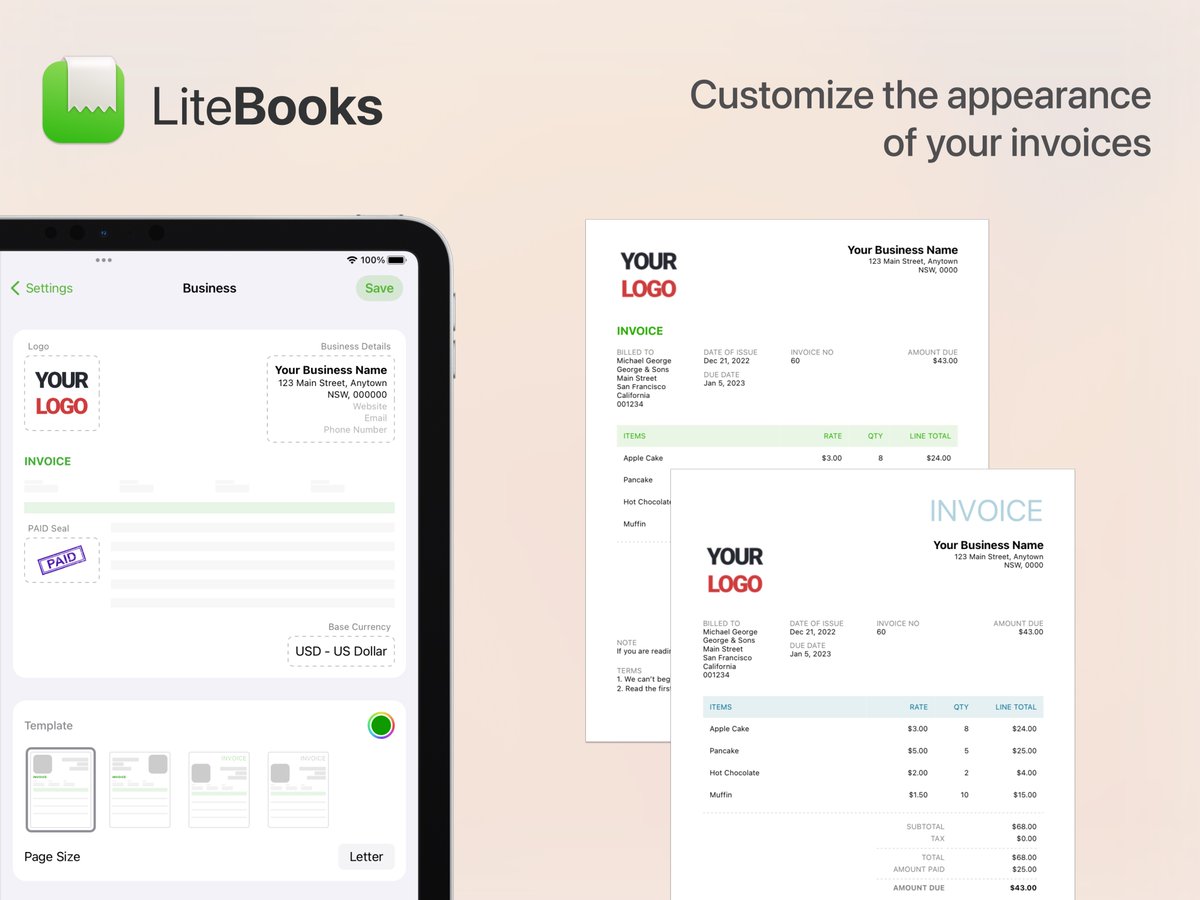 With version 2.1, now you can customize the appearance of your invoices.

Download LiteBooks  for Free on AppStore
apps.apple.com/us/app/id16614…

Available for iOS, iPadOS, and macOS.

#iosapp #macosapp #smallbusiness #freelancers #invoicing #invoicingsoftware #quickbooks #bookkeeping