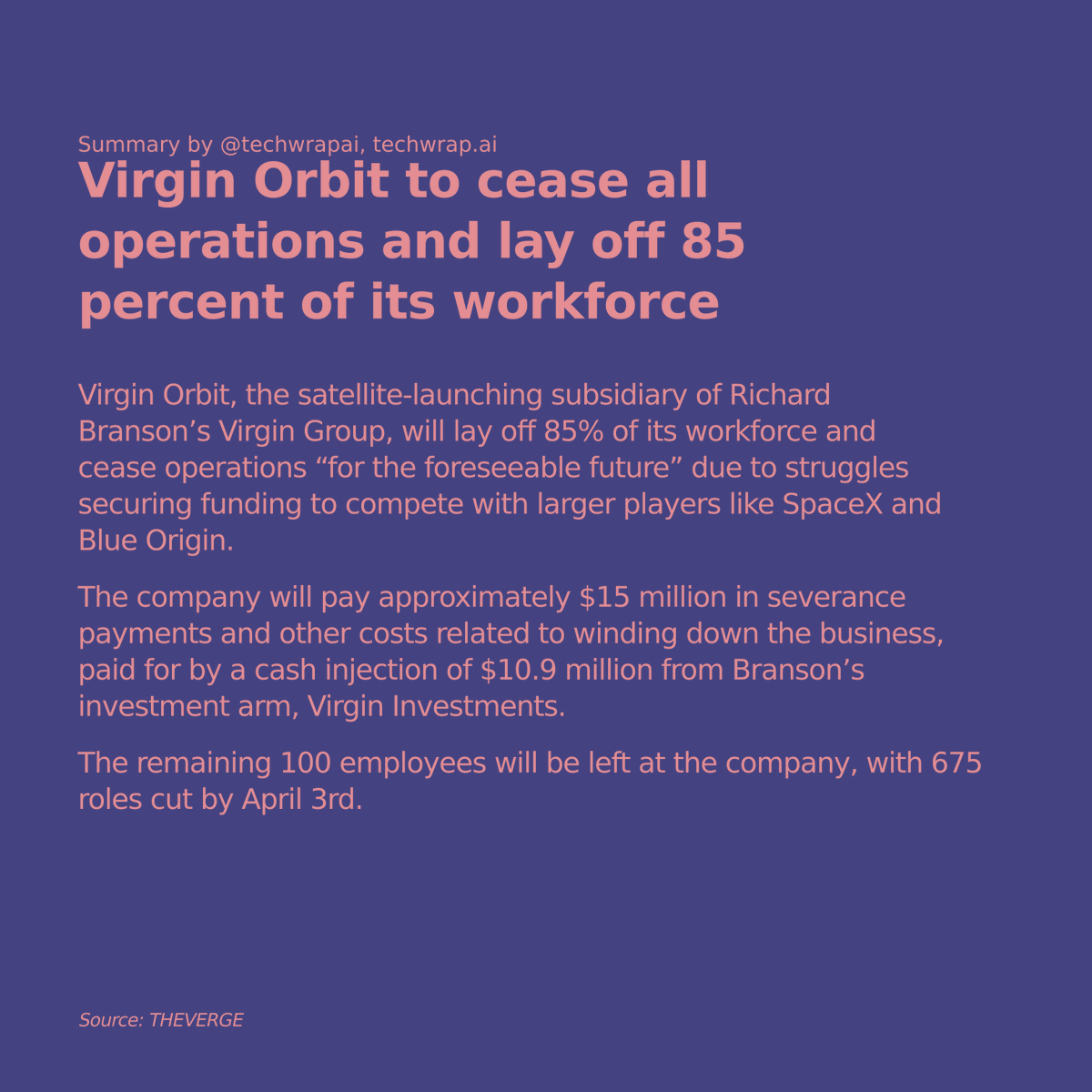 Virgin Orbit to cease all operations and lay off 85 percent of its workforce (2 minute read)

#VirginOrbit #SpaceIndustry #Layoffs #FundingStruggles

Read more: theverge.com/2023/3/31/2366…