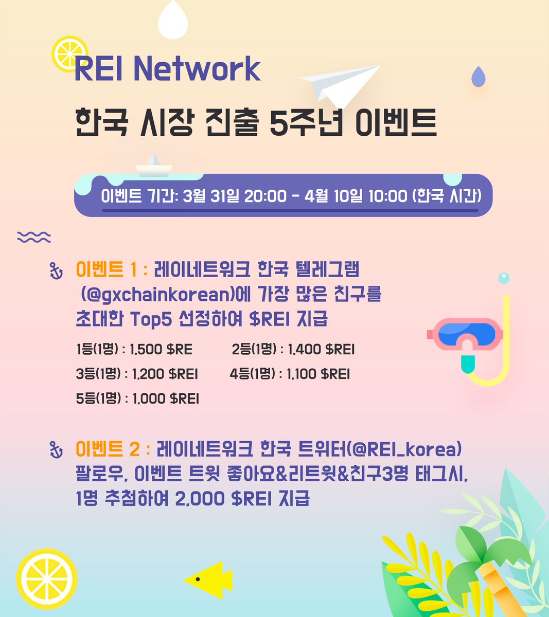 🎉REI Network 한국 시장 진출 5주년 이벤트🎉

🙌참여 방법 : 
1.친구 초대로 보상 받기
2.레이 네트워크 트위터 팔로우 <a href="/REI_korea/">REI Network Korea(GXChain)</a> 
이벤트 트윗에 좋아요, 리트윗, 친구 3명 태그   

🪝상세확인:blog.naver.com/gxb-korea/2230…

#giveaway