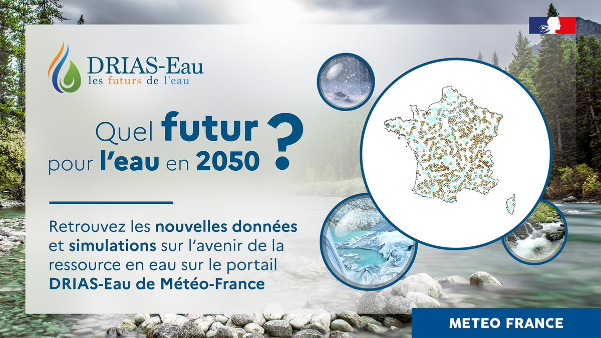 Météo-France lance un nouveau portail de données DRIAS-Eau, en partenariat avec @INRAE_France et @OI_Eau. Il propose un ensemble de données hydrologiques en climat futur et permet de visualiser, sous forme de cartes, l’évolution de la ressource en eau. 🔗drias-eau.fr