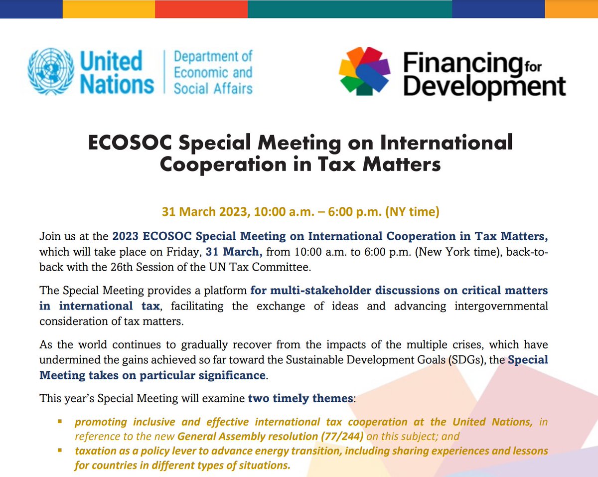 The <a href="/UN/">United Nations</a> ECOSOC Special Meeting on International Cooperation in Tax Matters is today. 
With <a href="/JoseA_Ocampo/">Jose Antonio Ocampo</a>  <a href="/AminaJMohammed/">Amina J Mohammed</a> <a href="/ZShamsuna/">Zainab Shamsuna Ahmed</a> <a href="/toveryding/">Tove Maria Ryding</a> <a href="/RasmiRDas/">Rasmi Ranjan Das</a> <a href="/NavidHanif_UN/">Navid Hanif</a> and many others.
Don't miss it!
⏰10am EST
👩‍💻media.un.org/en/webtv