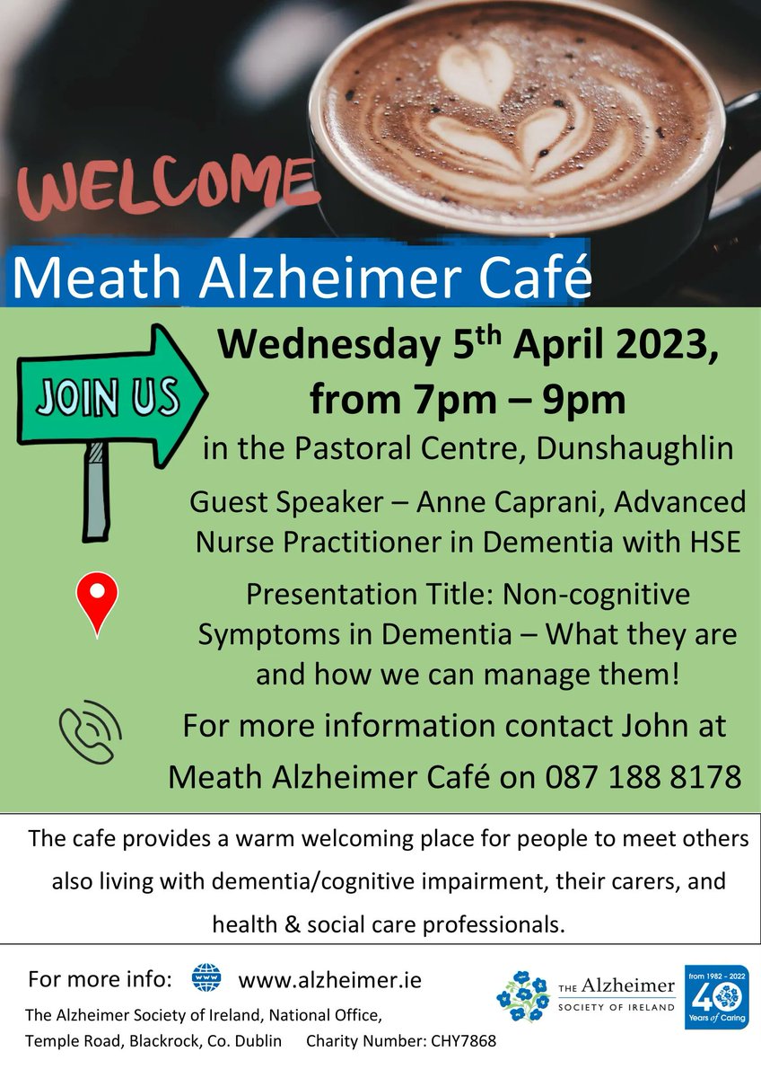 Engaging Dementia (@engagingdemirl) on Twitter photo Get ready for some tea, treats, and chat as the Meath Alzheimer Café takes place on 5th April at 7pm in the Pastorial Centre in Dunshaughlin
Speaker Anne Caprani will discuss the non-cognitive symptoms of dementia.
Contact John at 0871888178
<a href="/alzheimersocirl/">The Alzheimer Society of Ireland</a>
<a href="/HSELive/">HSE Ireland</a> Get ready for some tea, treats, and chat as the Meath Alzheimer Café takes place on 5th April at 7pm in the Pastorial Centre in Dunshaughlin
Speaker Anne Caprani will discuss the non-cognitive symptoms of dementia.
Contact John at 0871888178
<a href="/alzheimersocirl/">The Alzheimer Society of Ireland</a>
<a href="/HSELive/">HSE Ireland</a>