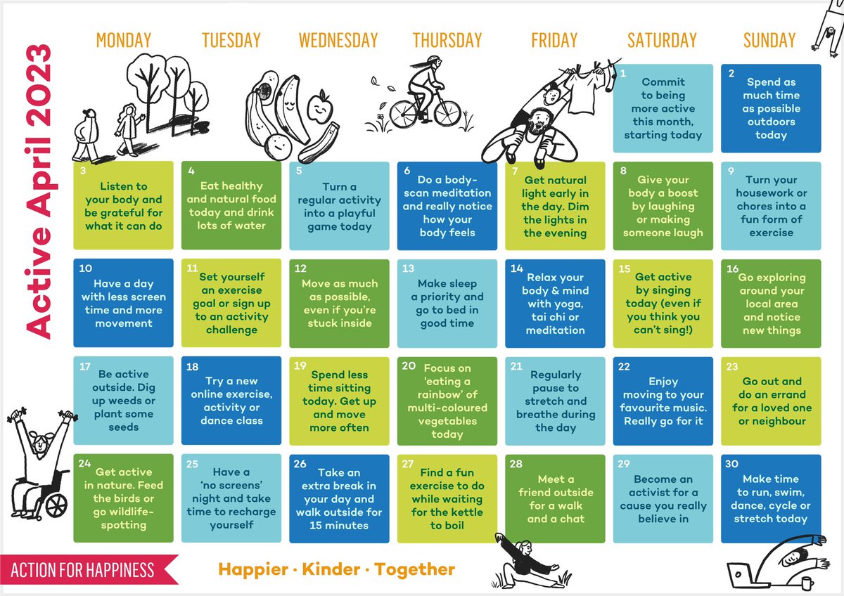 drrenezweig's tweet image. Time for another @actionhappiness calendar! Join me for #ActiveApril. 

Movement is crucial for physical &amp;amp; #mentalhealth. And it can be joyful!