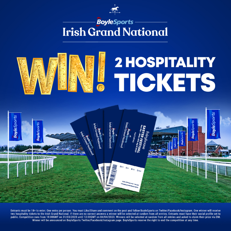 BoyleSports's tweet photo. 🏇 The BoyleSports Irish Grand National is nearly upon us.

🎟 We're giving away a pair of hospitality tickets to the event at @Fairyhouse on Easter Monday.

To enter:
🔁 RT this post
💬 Tag the person you would take

🔞 18+. T&amp;Cs apply.

#BoyleSportsIGN