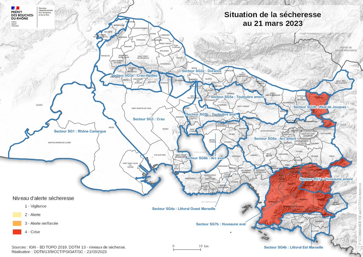 Préfet de la région PACA et des Bouches-du-Rhône (@Prefet13) on Twitter photo 2023-03-31 15:54:54 #Sécheresse | 🔴19 communes du département sont en état de crise sécheresse. Collectivement, respectons les restrictions des usages de l'eau en vigueur & adoptons les bons réflexes pour préserver cette ressource. 👉Plus d'informations sur la sécheresse : urlz.fr/kJN4. #Sécheresse | 🔴19 communes du département sont en état de crise sécheresse. Collectivement, respectons les restrictions des usages de l'eau en vigueur & adoptons les bons réflexes pour préserver cette ressource. 👉Plus d'informations sur la sécheresse : urlz.fr/kJN4.