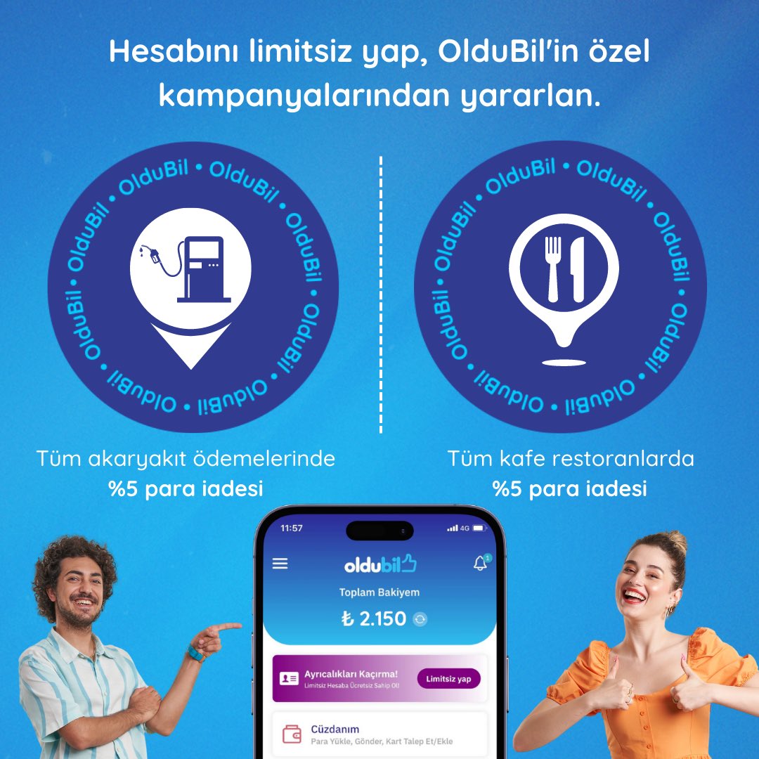 OlduBil'in özel kampanyalarından yararlanmak için hesabını mobil uygulama üzerinden hemen limitsiz yap, sen de avantajlarla dolu dünyamıza katıl!