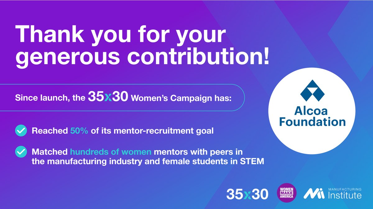 TheMfgInstitute (@themfginstitute) on Twitter photo Thanks to generous sponsors like <a href="/AlcoaFoundation/">Alcoa Foundation</a>, our 35x30 campaign is one step closer to increasing the percentage of women in manufacturing from 29% to 35% by 2030. Learn more: bit.ly/41INDMZ Thanks to generous sponsors like <a href="/AlcoaFoundation/">Alcoa Foundation</a>, our 35x30 campaign is one step closer to increasing the percentage of women in manufacturing from 29% to 35% by 2030. Learn more: bit.ly/41INDMZ