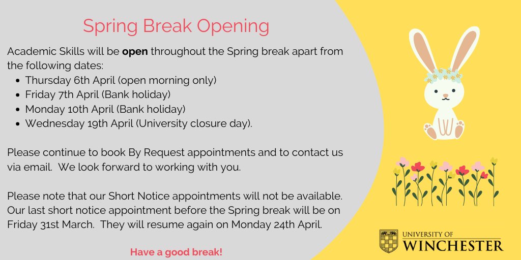 Academic Skills hope you all have a great Spring Break.  Remember, you can still book an appointment to see us!  Please use the appointment form on our Intranet page.